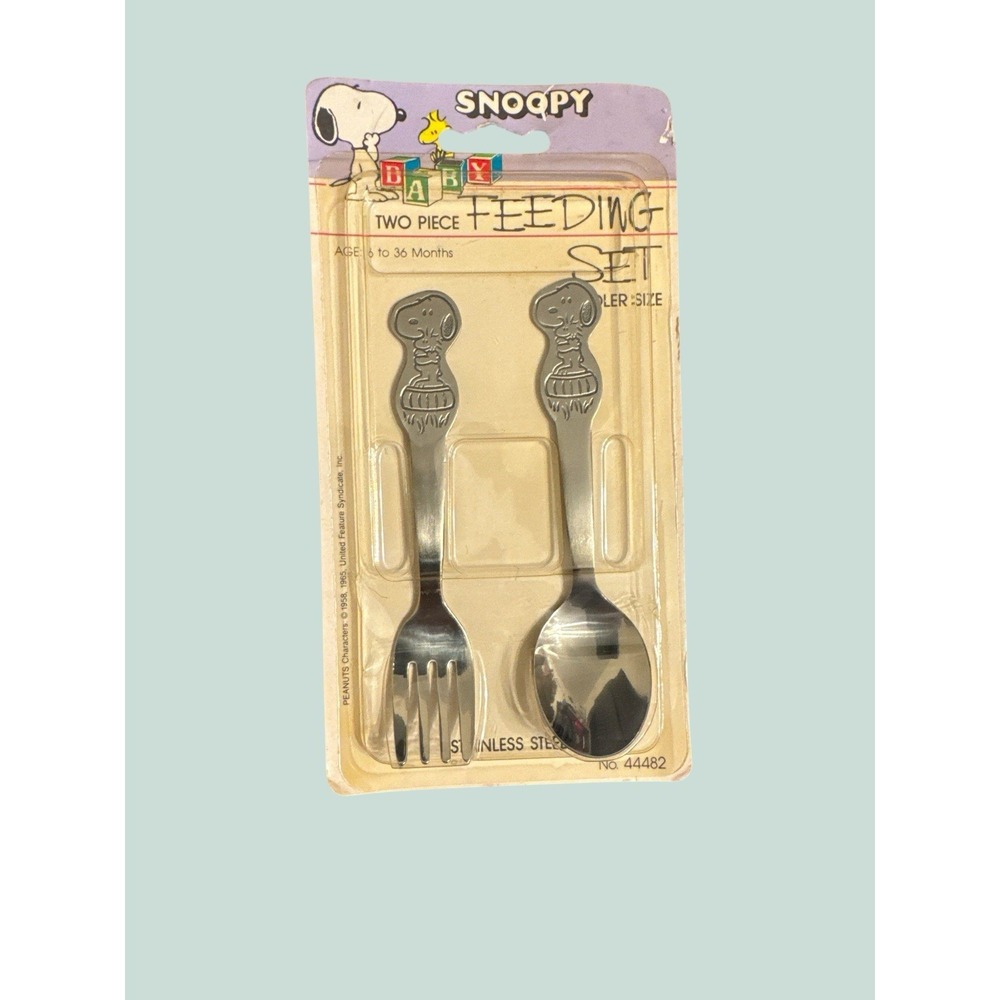 VTG Danara Snoopy Toddler Feeding Set Fork Spoon 2pc Peanuts Stainless Steel NEW